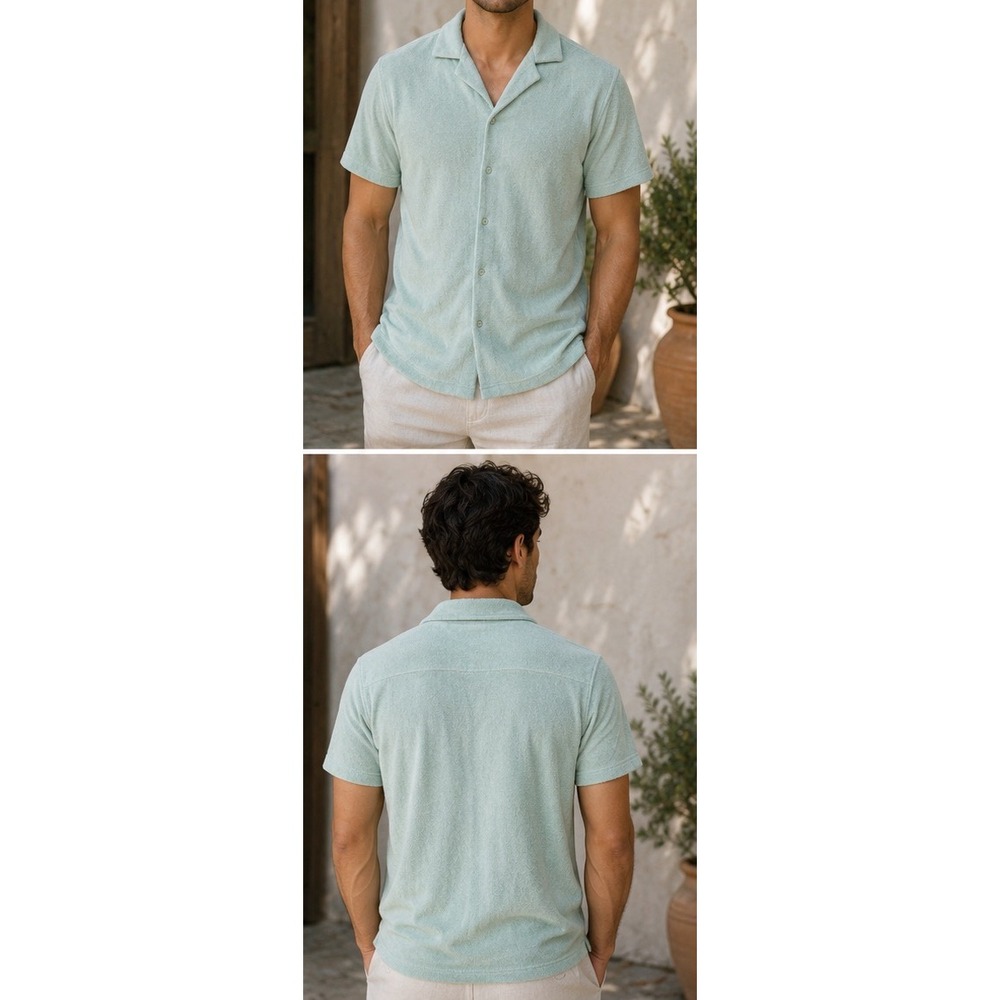 And Now This Mens Mint Green Terry Cloth Camp Collar Short Sleeve Shirt Large